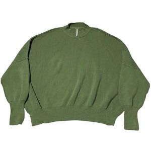 Free People Mock Neck Ribbed Knit Oversized Sweater Green Cotton Blend Size SP